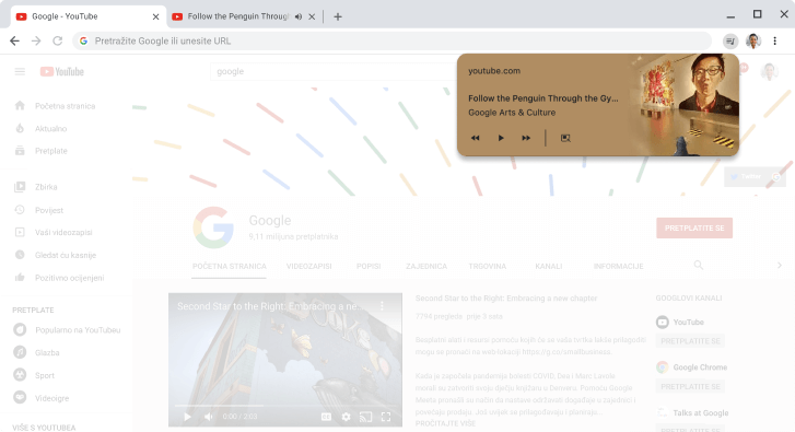 Prozor preglednika Chrome u kojem se prikazuje dijaloški okvir s medijskim kontrolama.