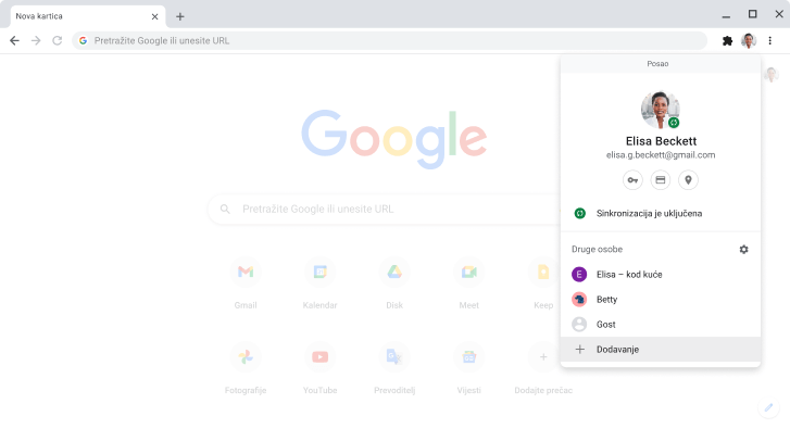 Preglednik Chrome s prikazom dijaloškog okvira za promjenu profila.