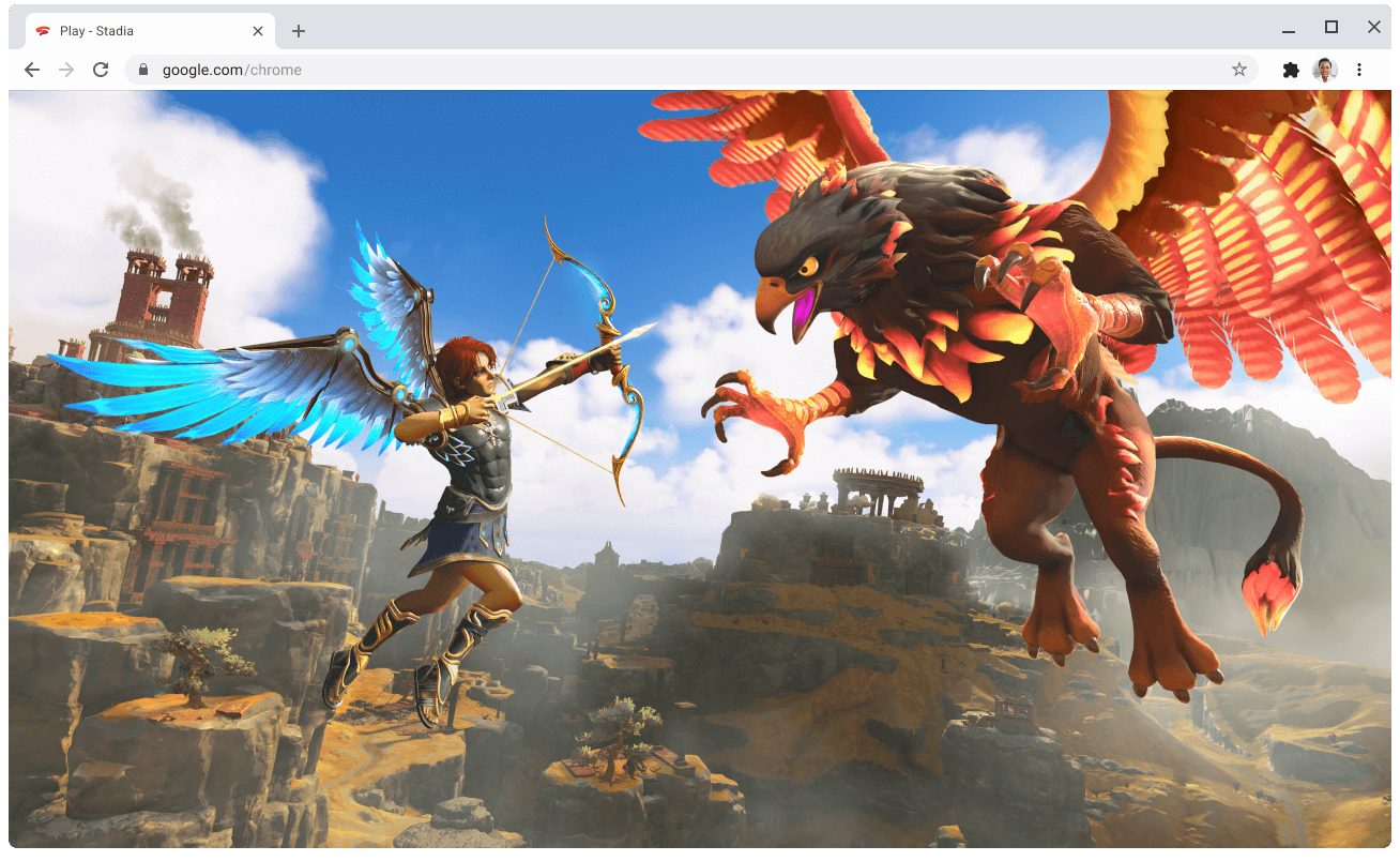Prikazuje se mrežna stranica stadia.google.com s videoigrom u tijeku.