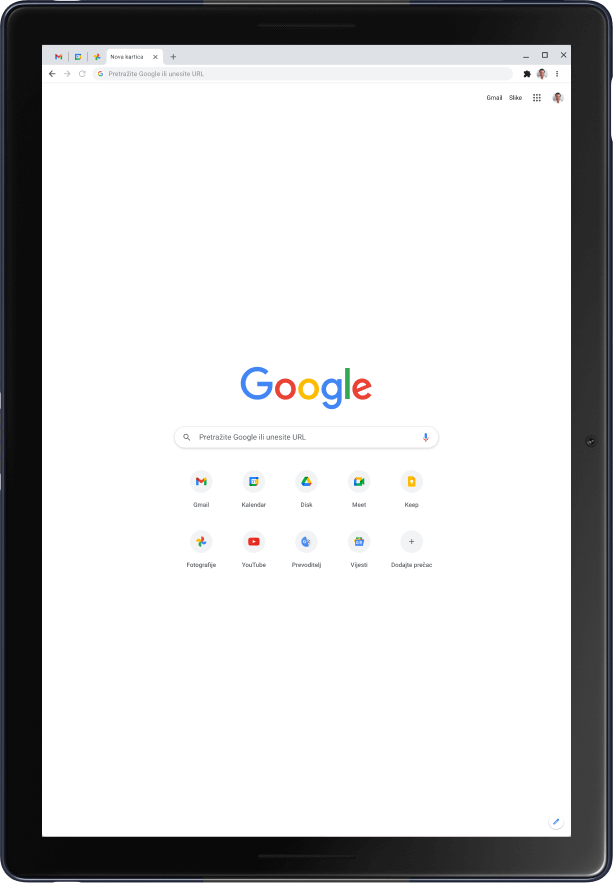 Tablet Pixel Slate u portretnom načinu, na kojem se prikazuje Googleova početna stranica.