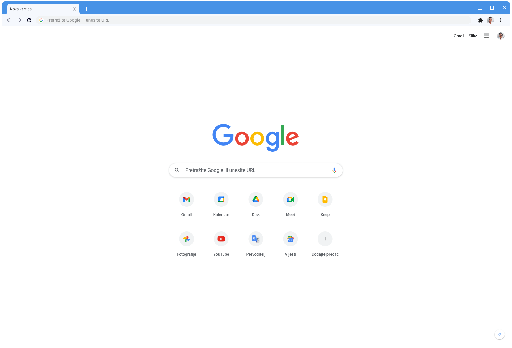 Prozor preglednika Chrome u kojem se prikazuje Google.com uz primjenu klasične teme.