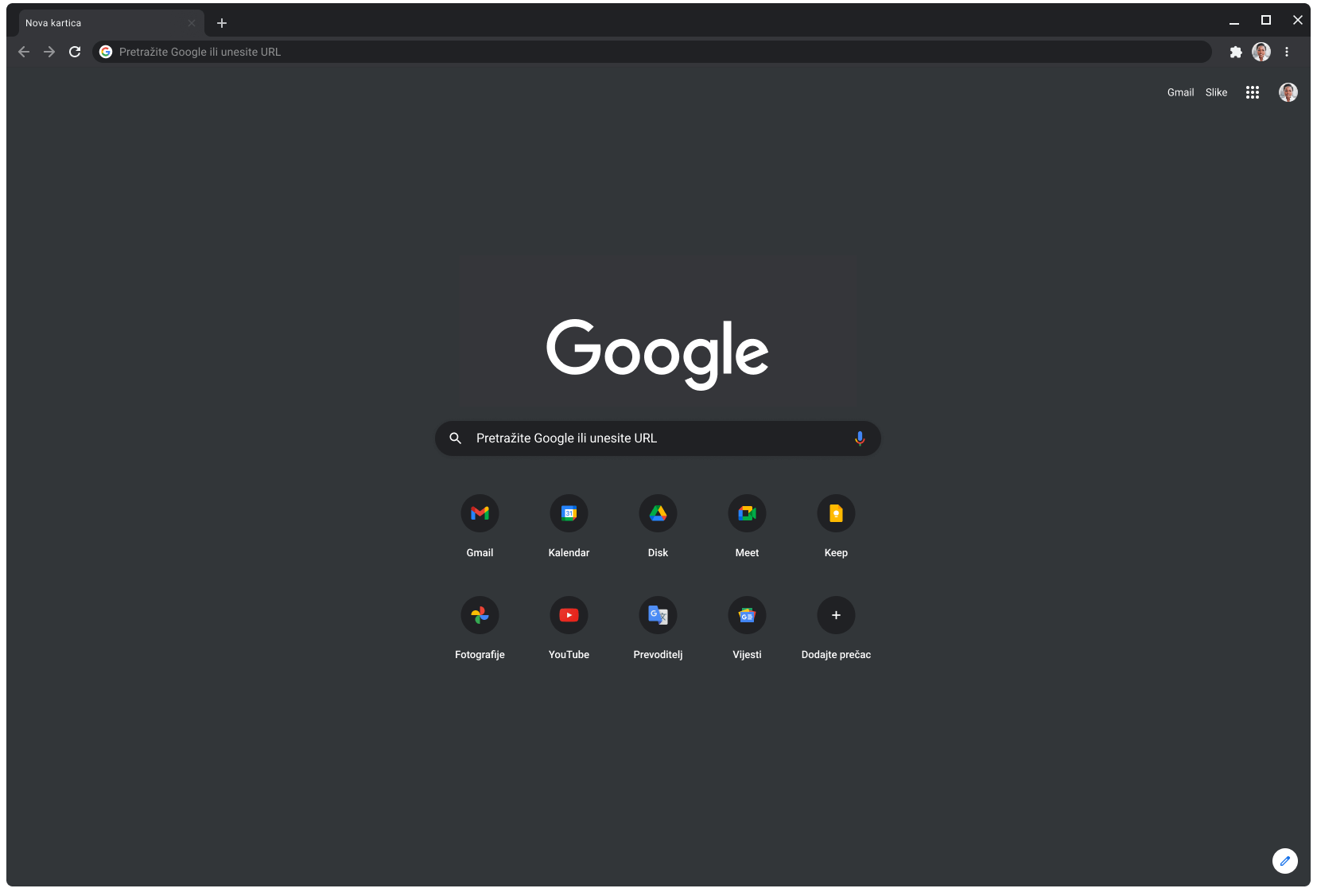 Prozor preglednika Chrome u tamnom načinu rada, u kojem se prikazuje Google.com.
