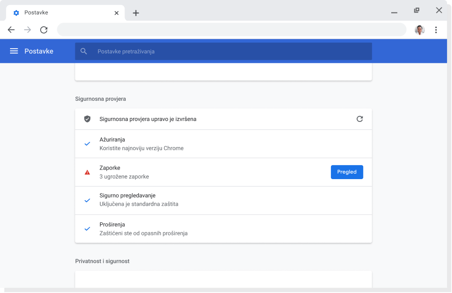 Prozor preglednika Chrome u kojem se prikazuju postavke računa i sinkronizacije za Google račune kad je sinkronizacija omogućena.