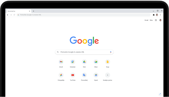 Gornji lijevi kut prijenosnog računala Pixelbook Go sa zaslonom na kojem se prikazuje traka za pretraživanje na stranici Google.com i omiljene aplikacije.