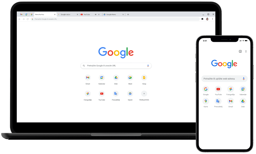 Prijenosno računalo i mobilni uređaj na kojima se prikazuje početna stranica Google.com.