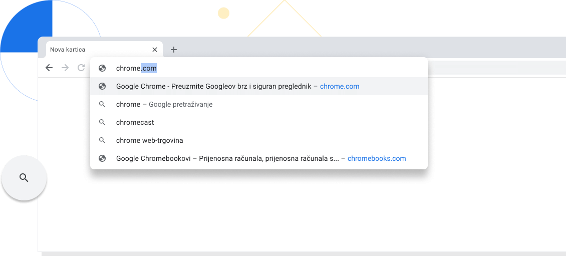 Povećani prikaz nove kartice u prozoru preglednika Chrome u kojemu je chrome.com uneseno u adresnu traku.