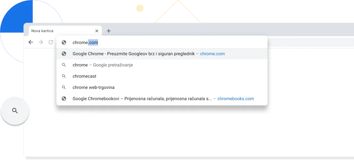 Povećani prikaz nove kartice u prozoru preglednika Chrome u kojemu je chrome.com uneseno u adresnu traku.