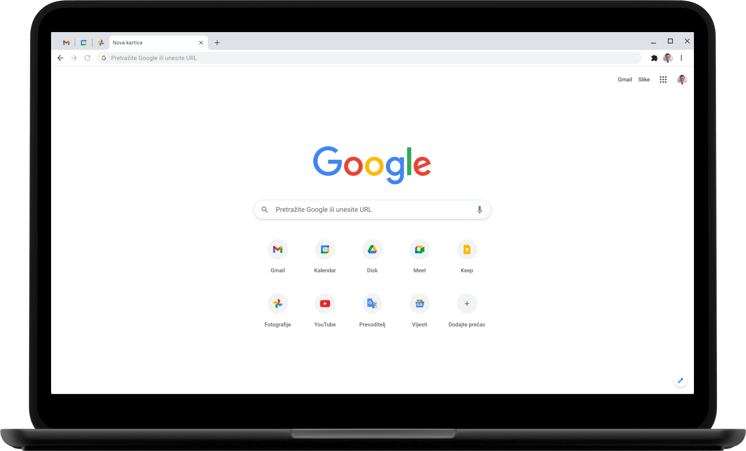 Prijenosno računalo na kojem se prikazuje početna stranica Google.com.