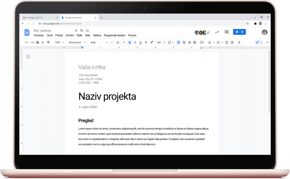 Zaslon Google dokumenata s otvorenim predloškom projekta.