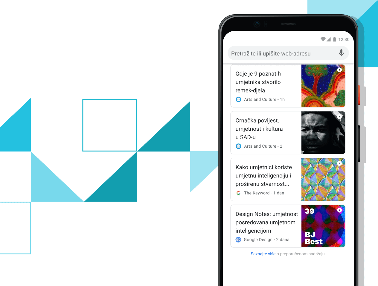 Preporučeni članci Telefon Pixel 4 XL sa zaslonom na kojem se prikazuju poveznice na birane članke.