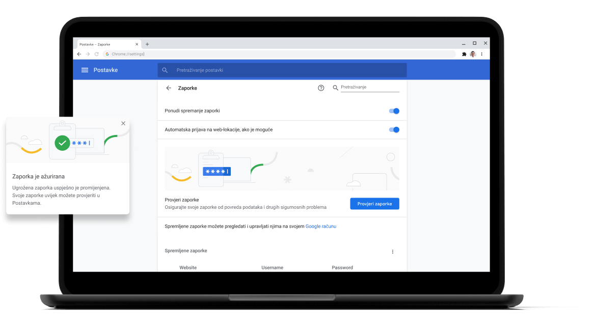 Provjera zaporki Pixelbook Go laptop with screen displaying Chrome password check with a passsword update dialog box.