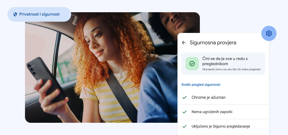 Žena gleda u telefon. Elementi na kojima piše “Privatnost i sigurnost“ i upozorenje o ugroženim zaporkama.