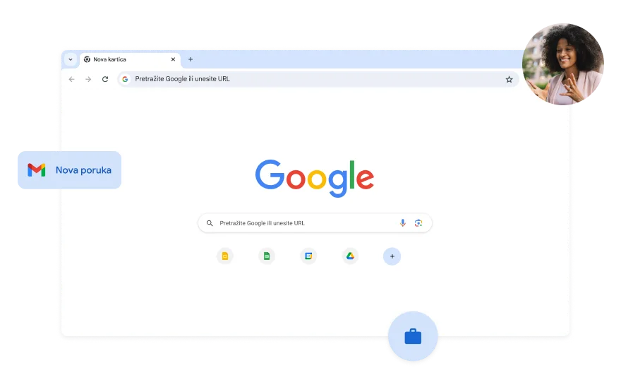 Pozadina stranice Google pretraživanja bijele je boje. Fotografija žene nalazi se u kutu.