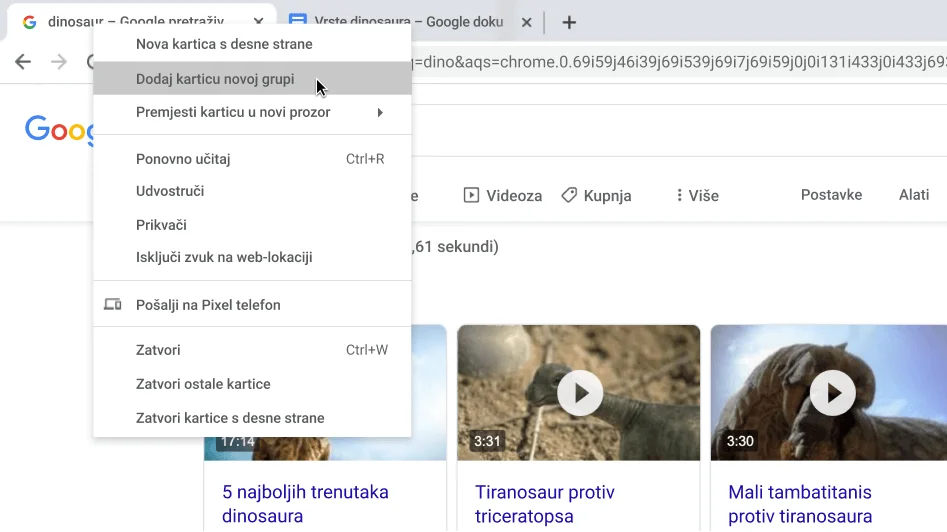 Prozor preglednika Chrome s dijaloškim okvirom koji prikazuje izradu nove grupe kartica