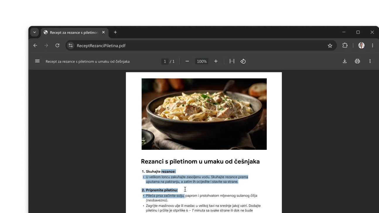 PDF s receptom otvoren je u prozoru preglednika Chrome. Korisnik je odabrao tekst u PDF-u.