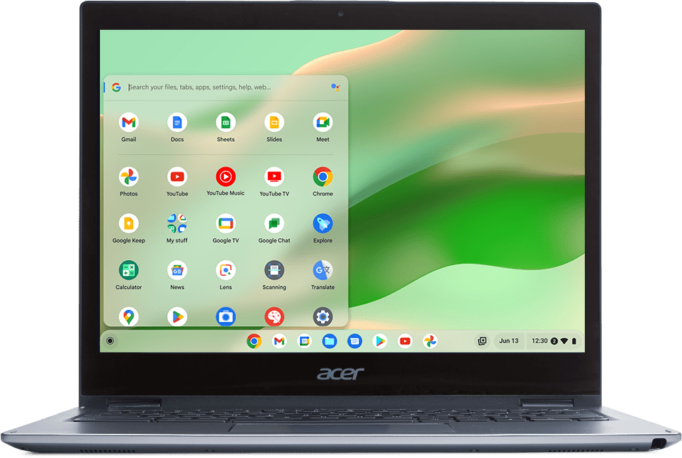 A Chromebook is open, showing the home screen in default contrast.