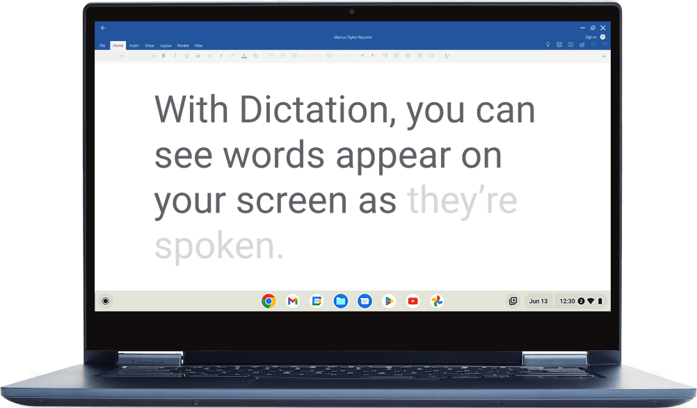 A Chromebook is open, showing the functionality of the dictation feature.