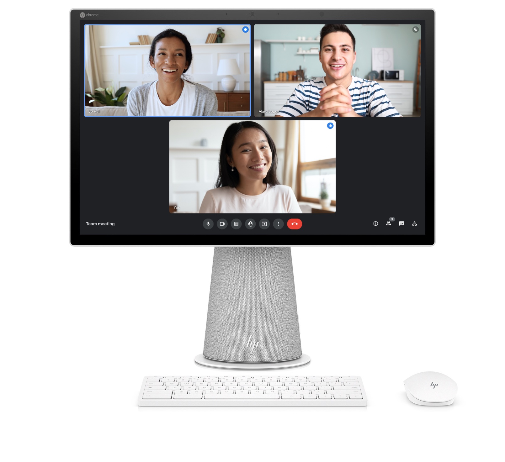 A Chromebase desktop displays a video conference screen with three smiling people in separate windows.