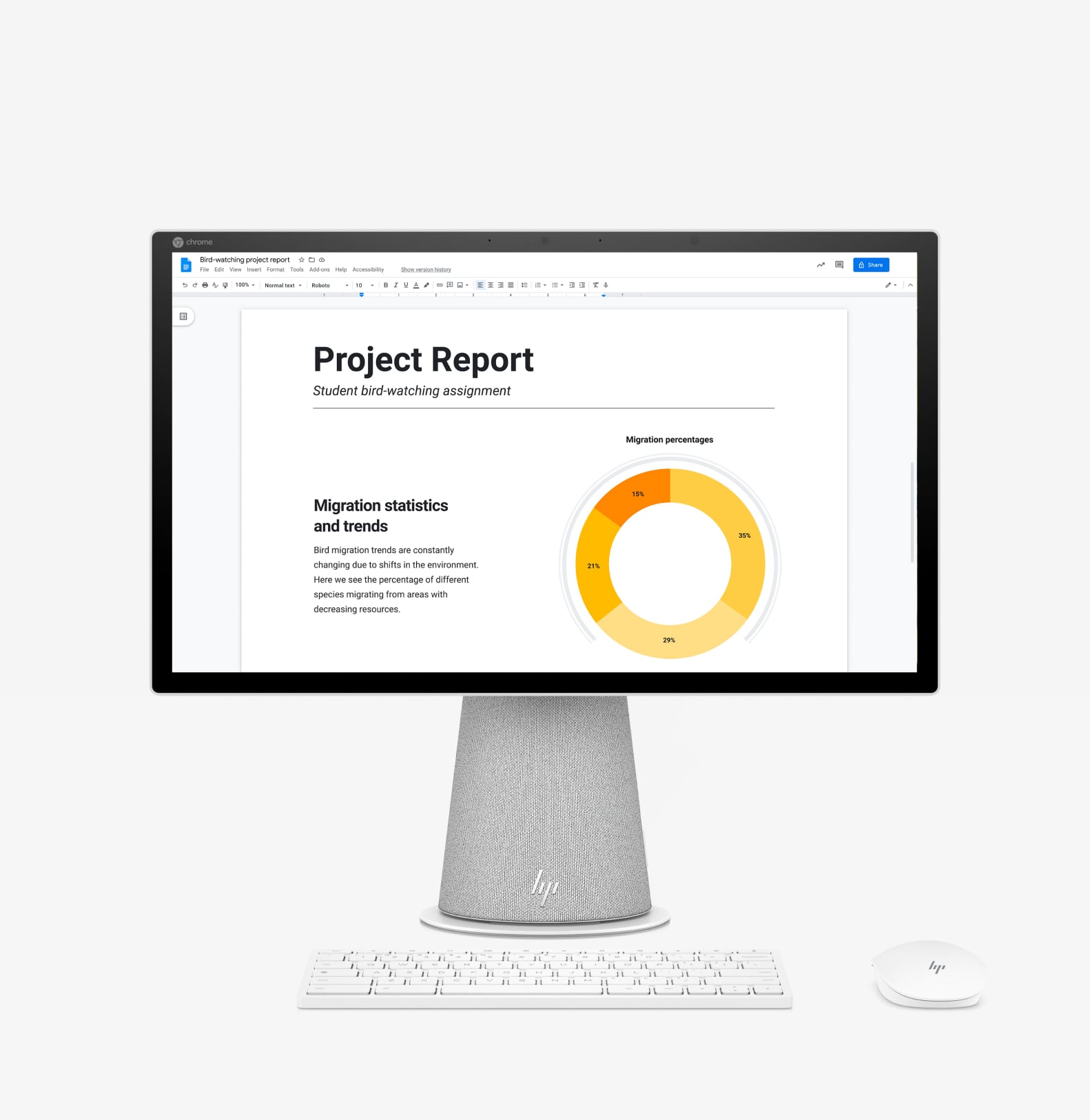 An HP Chromebase with it's display in horizontal mode.