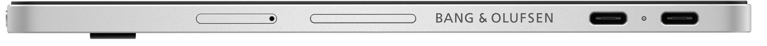 A side view of the HP Chromebook x2 displays the Bang & Olufsen logo, two external buttons and two c-type USB ports.