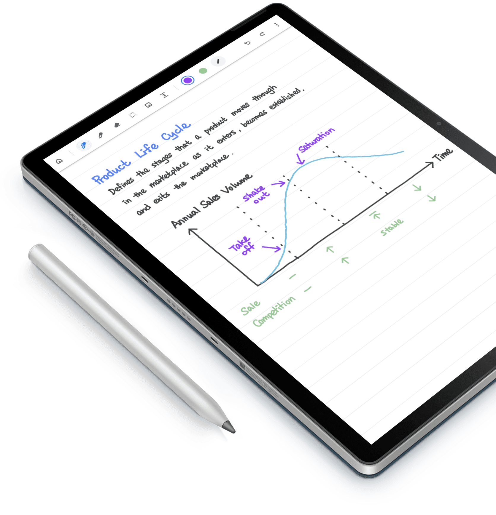 An HP Chromebook x2 sits face up in tablet mode next to a wireless charging stylus.