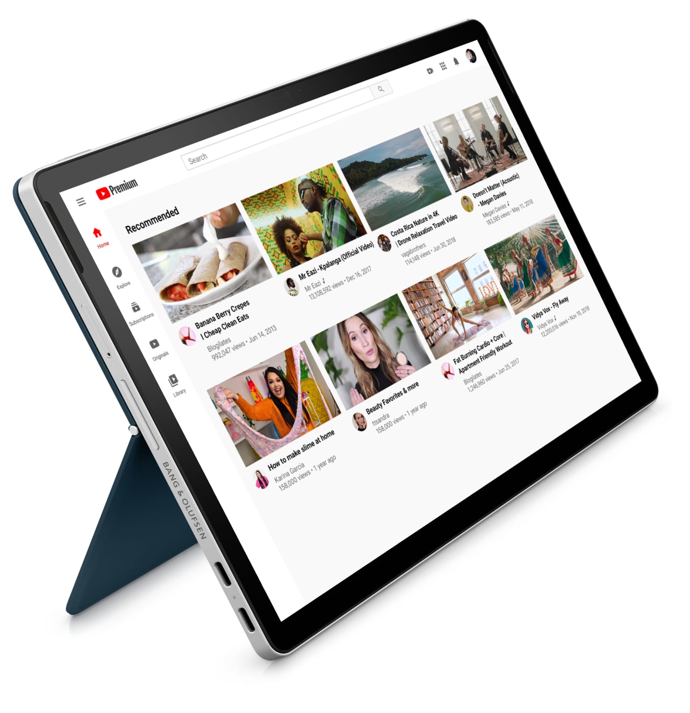 An HP Chromebook x2 has the kickstand engaged and displays YouTube on the screen.